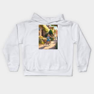 cute girl riding bicycle. Kids Hoodie